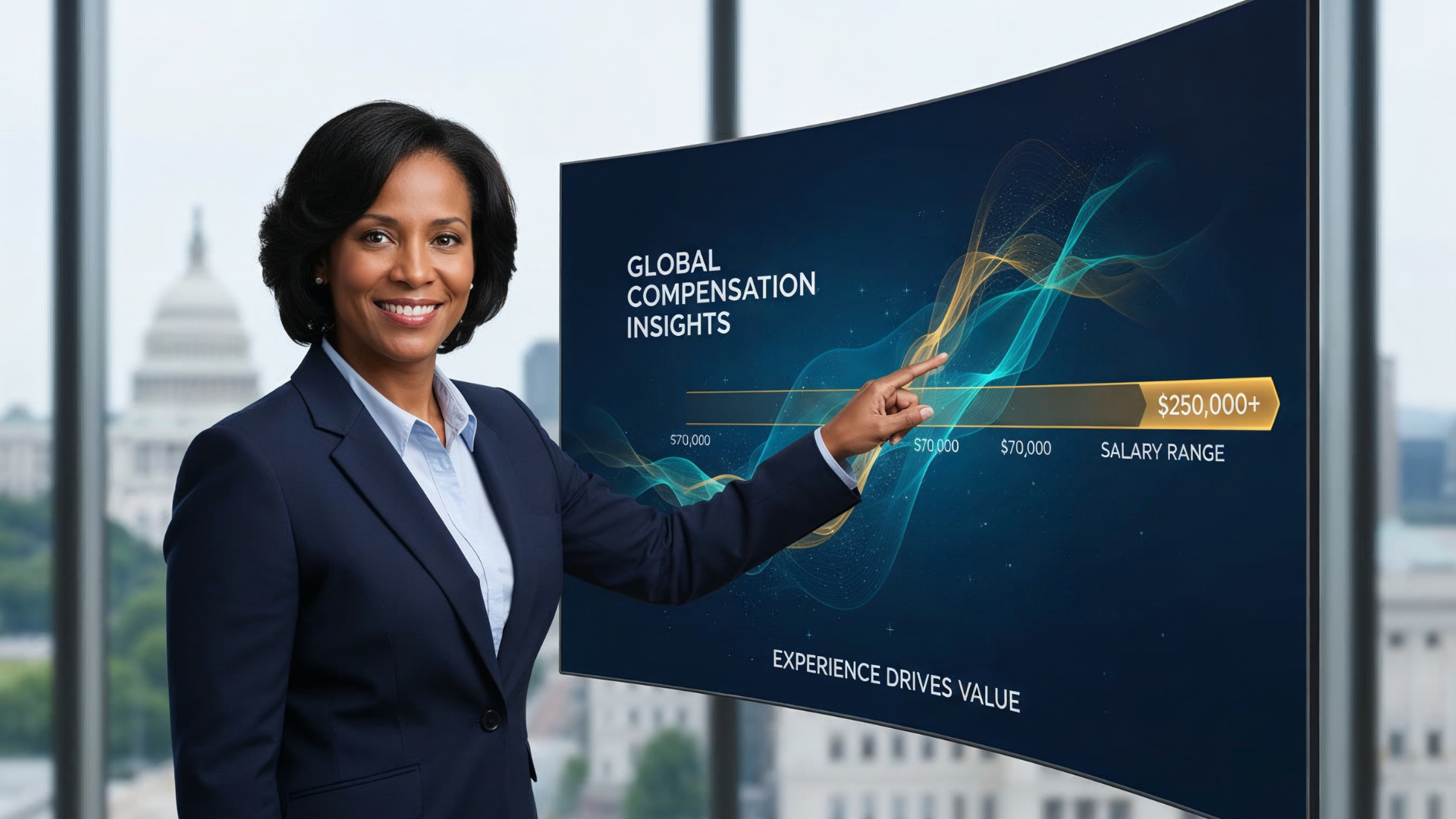 A confident, experienced professional gestures at a transparent digital screen showing a salary range from $110,000 to $140,000 and the text 'YOUR VALUE: TOP TIER', illustrating how to negotiate to the top of a transparent pay band for mission driven careers in DC.