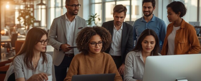 A diverse group of millennials and Gen X professionals of various ethnicities and genders collaborating and discussing in a bright, modern office with natural light. The image conveys inclusion, teamwork, and purpose-driven work in a warm and contemporary workspace.